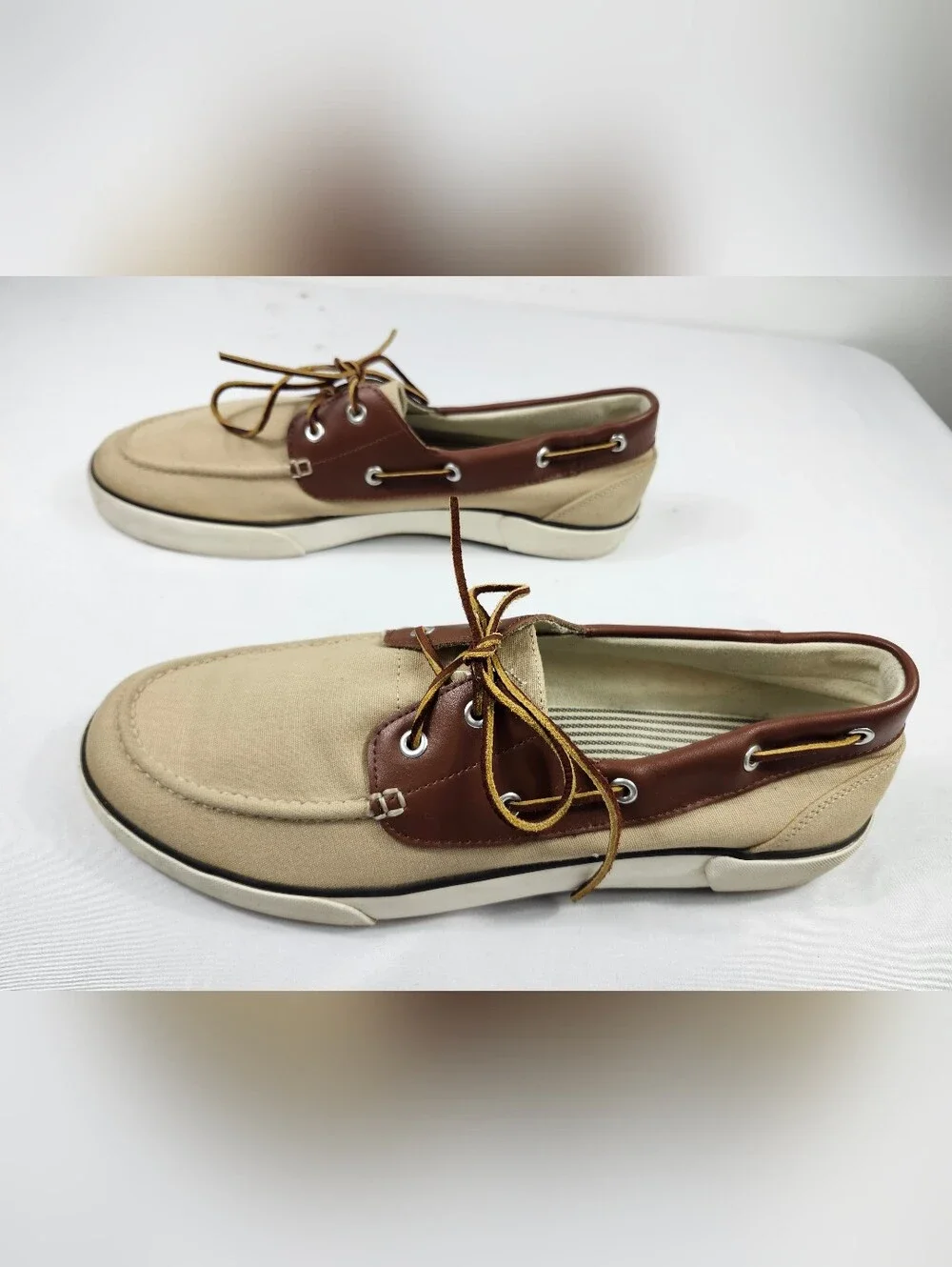 Polo Ralph Lauren Mens 14 D Tan Canvas Boat Shoes with Brown Leather Trim